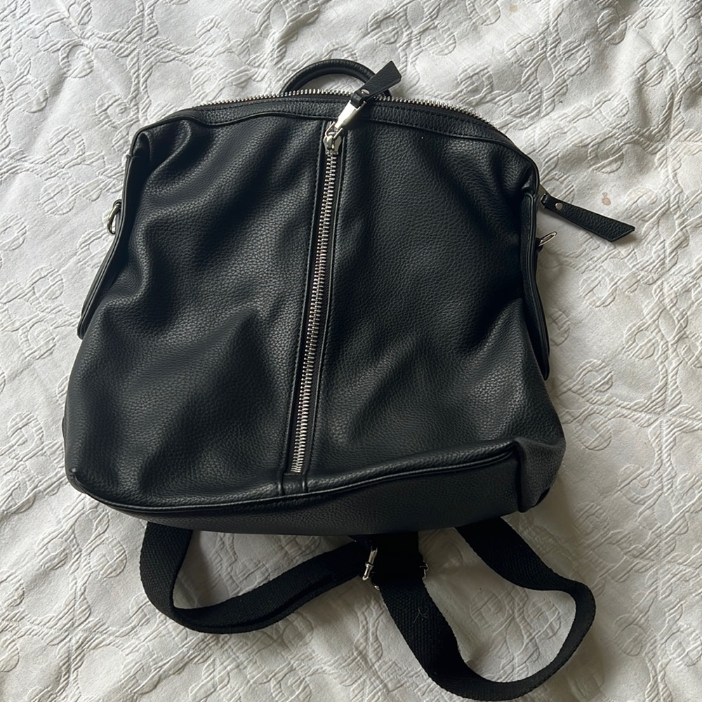 Black faux leather backpack